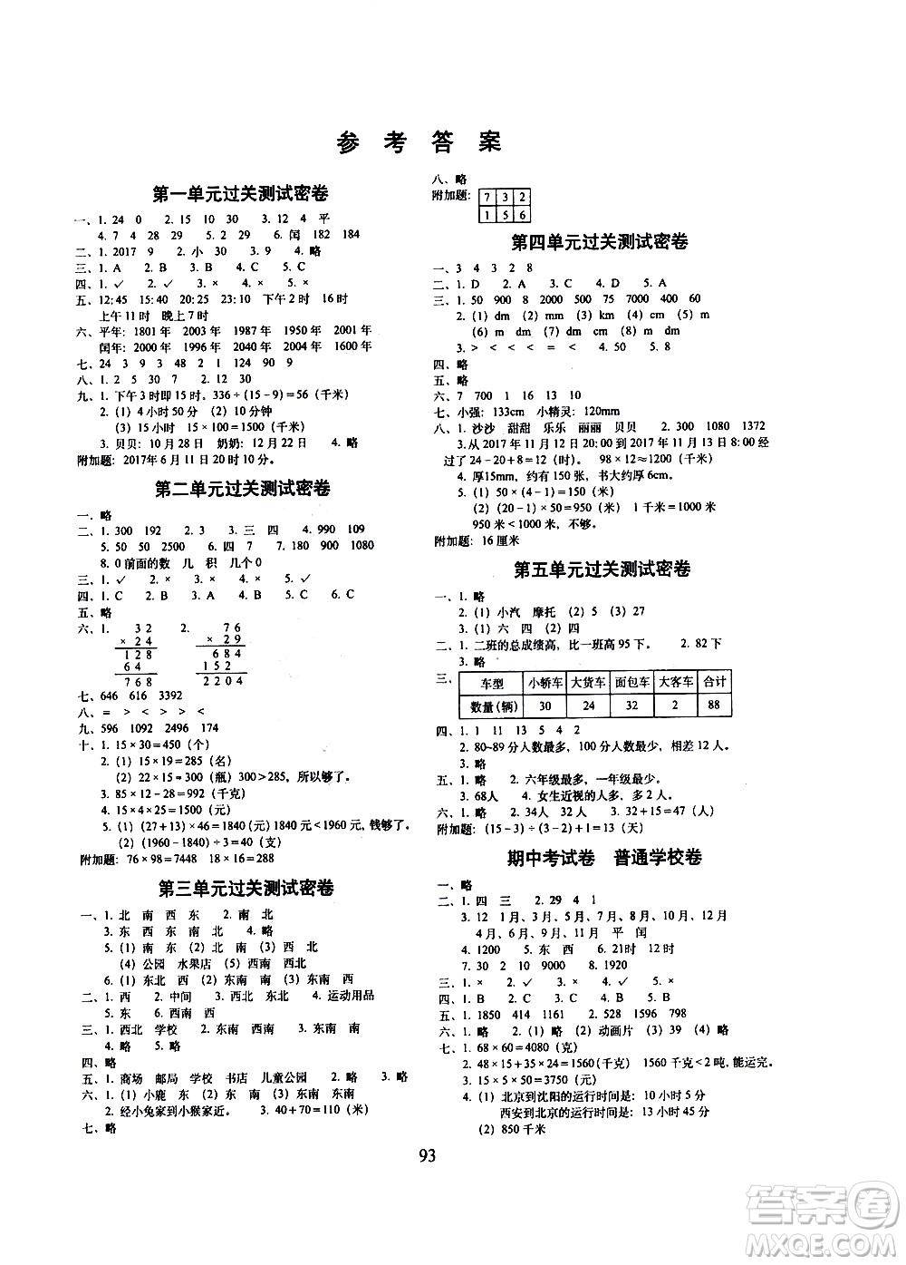 長春出版社2021春期末沖刺100分完全試卷數(shù)學(xué)三年級下冊冀教版答案