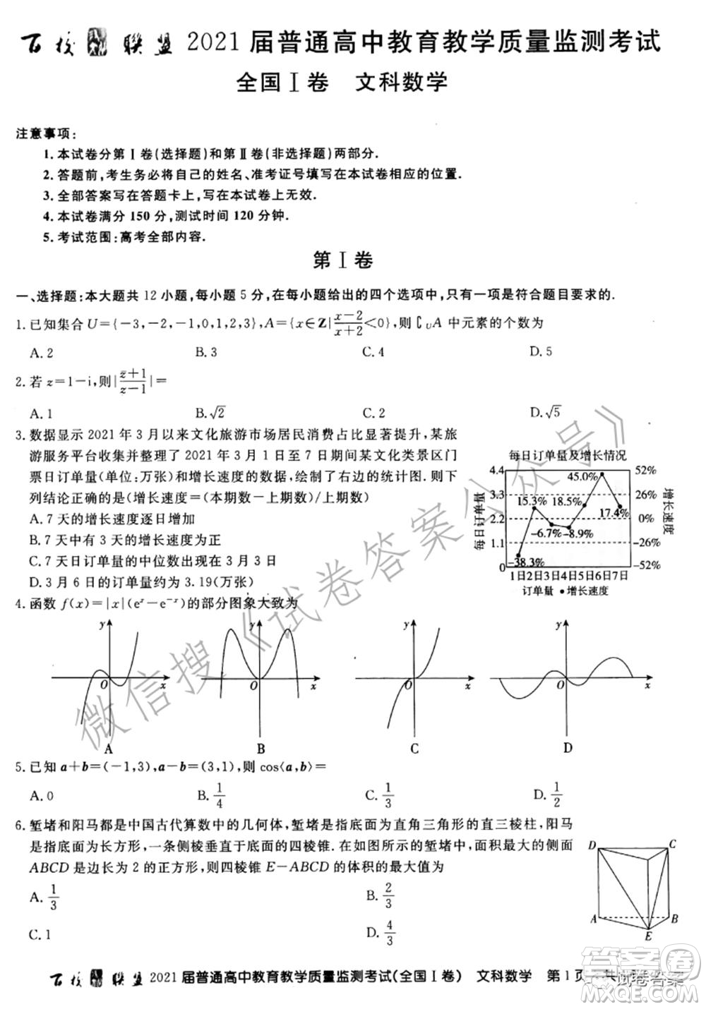 百校聯(lián)盟2021屆普通高中教育教學質(zhì)量監(jiān)測考試全國I卷文科數(shù)學試題及答案