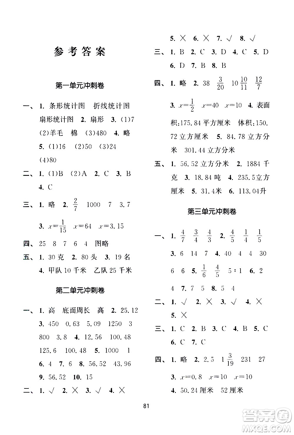 南京大學(xué)出版社2021期末沖刺滿分卷數(shù)學(xué)六年級(jí)下冊(cè)江蘇版答案