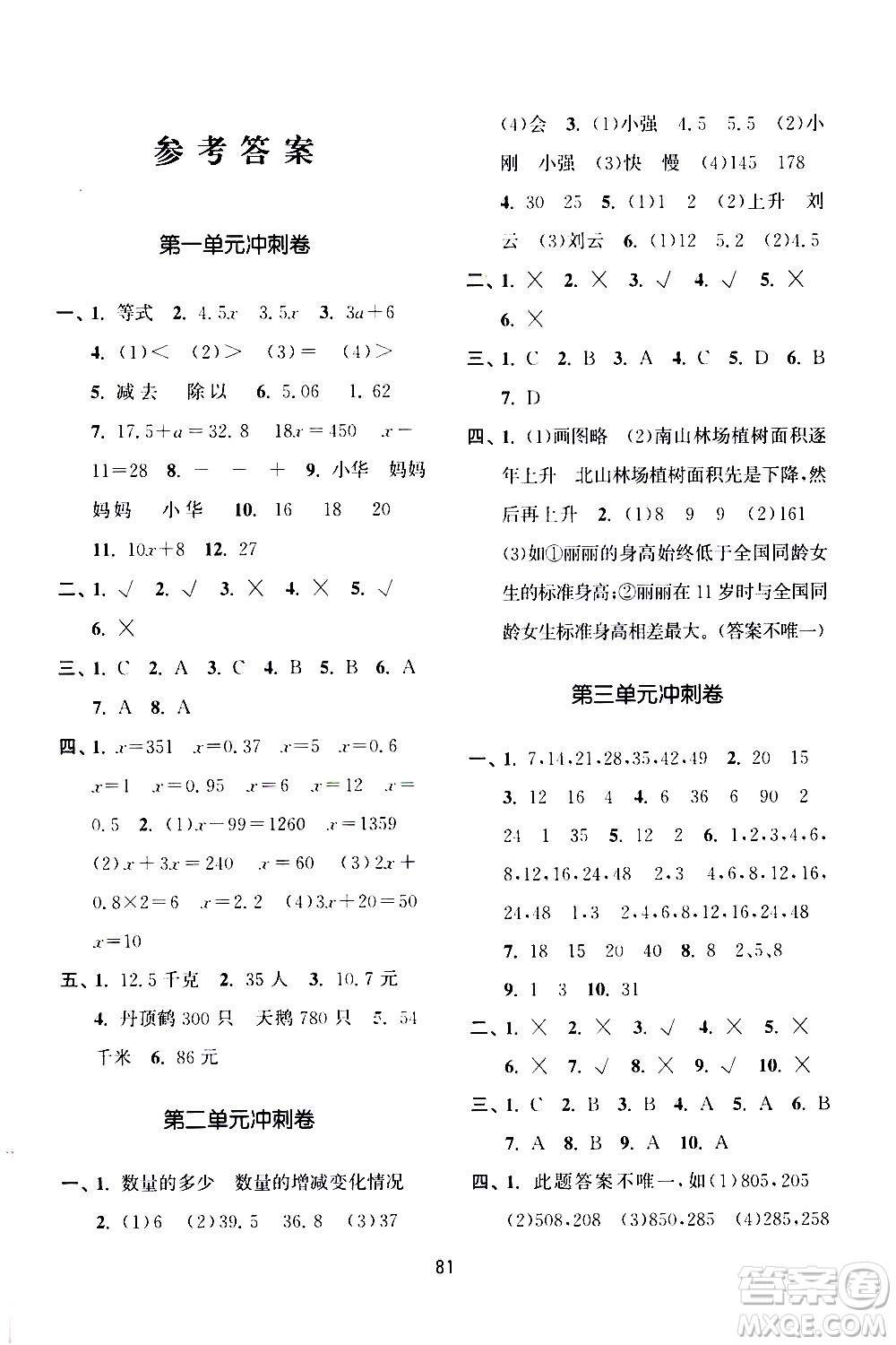 南京大學(xué)出版社2021期末沖刺滿分卷數(shù)學(xué)五年級(jí)下冊(cè)江蘇版答案