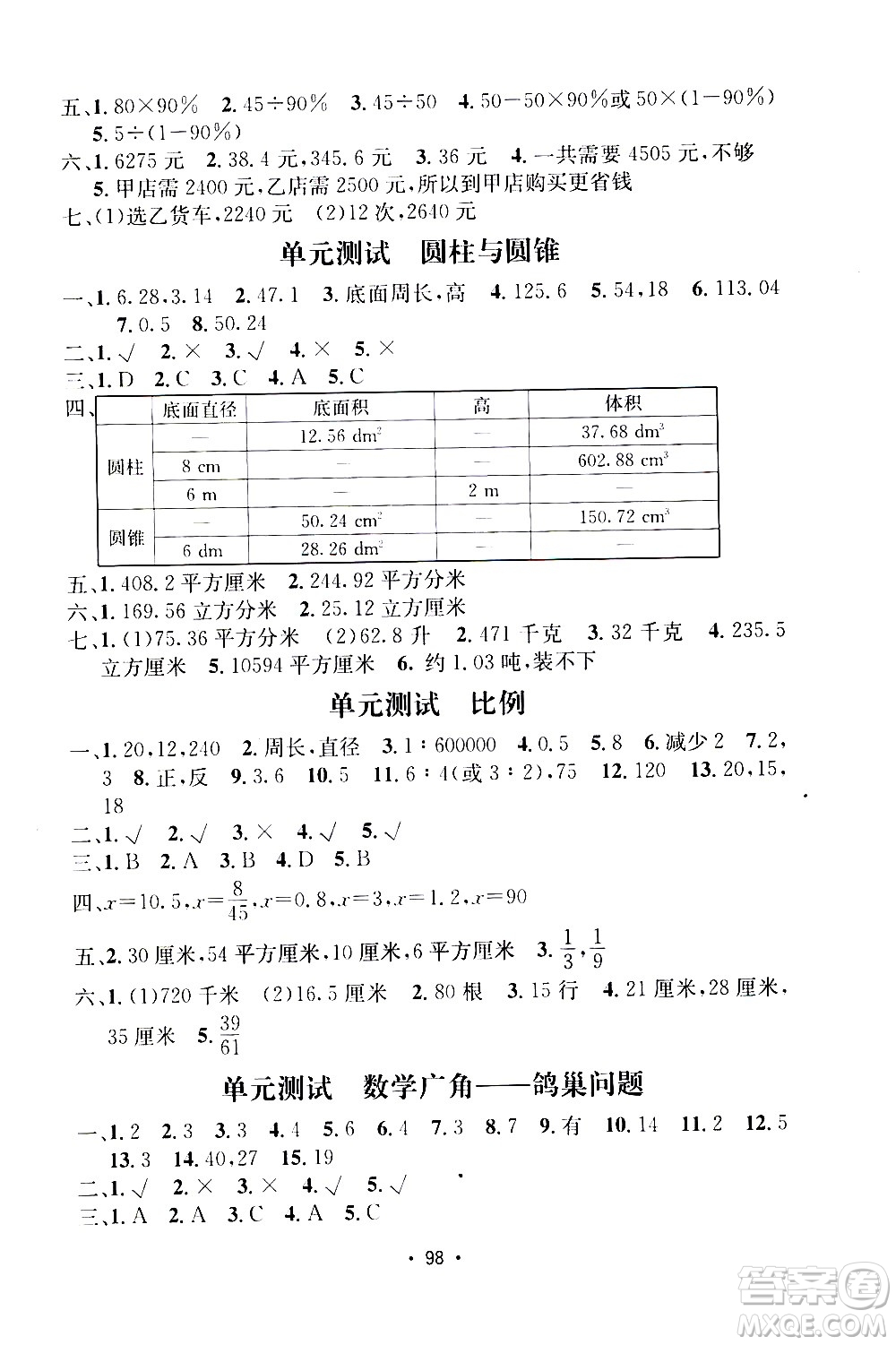 開明出版社2021小學期末沖刺100分數(shù)學六年級下冊人教版答案