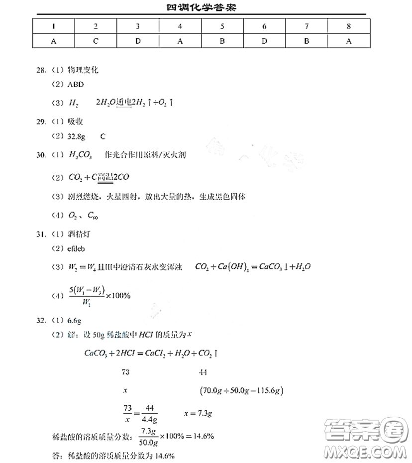 2020-2021學(xué)年度武漢市九年級4月質(zhì)量監(jiān)測初三化學(xué)答案