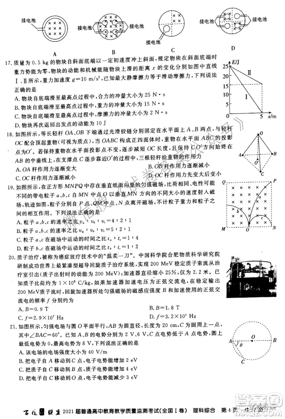 百校聯(lián)盟2021屆普通高中教育教學質量監(jiān)測考試全國I卷理科綜合試題及答案