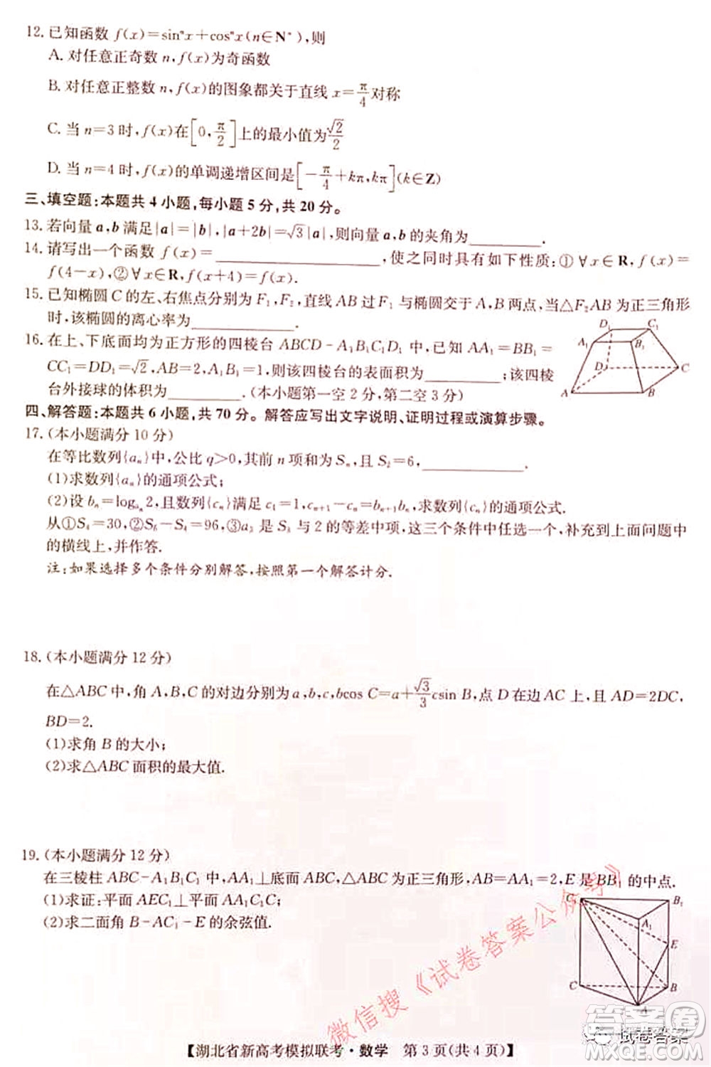 2020-2021學(xué)年湖北省新高考模擬聯(lián)考數(shù)學(xué)試題及答案