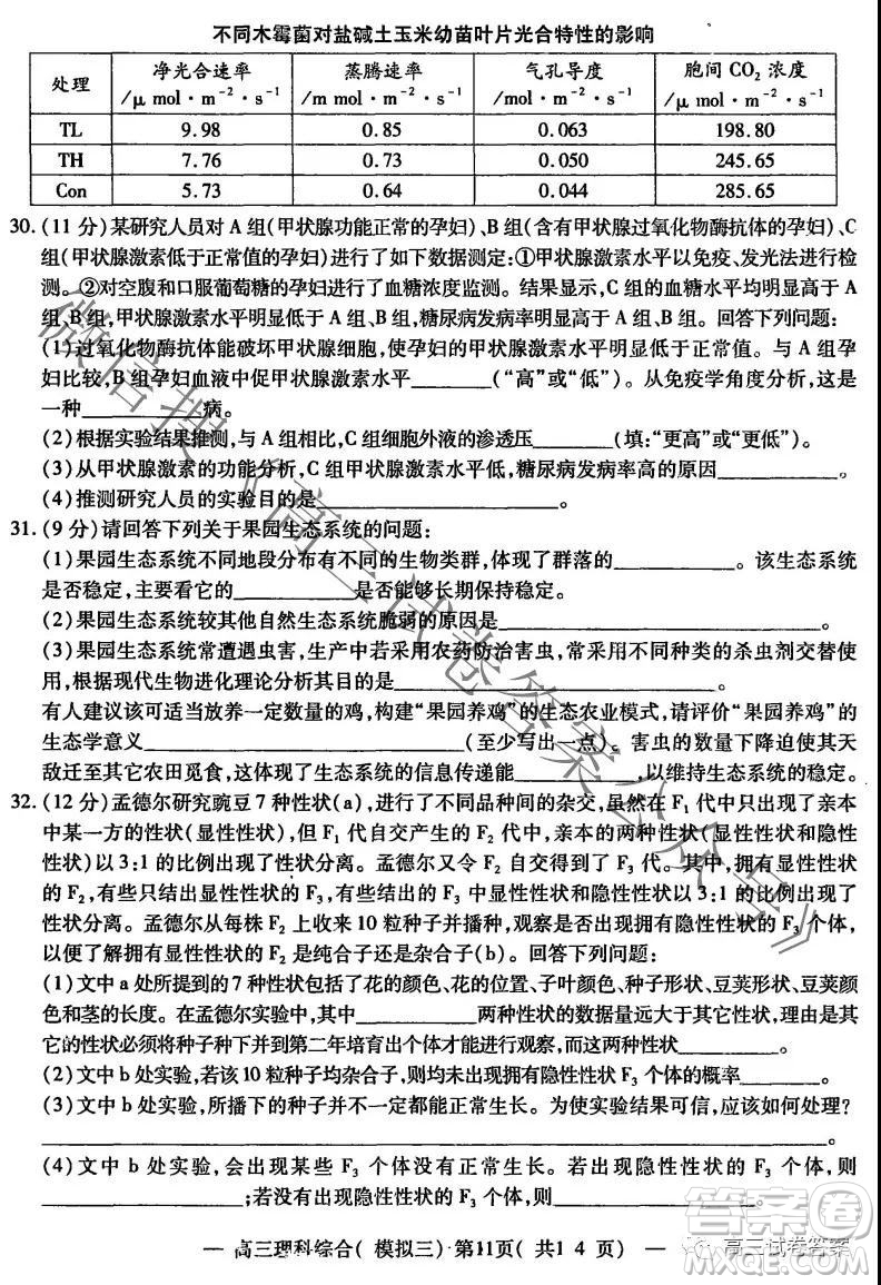 NCS20210607項(xiàng)目第三次模擬測(cè)試卷高三理科綜合試題及答案