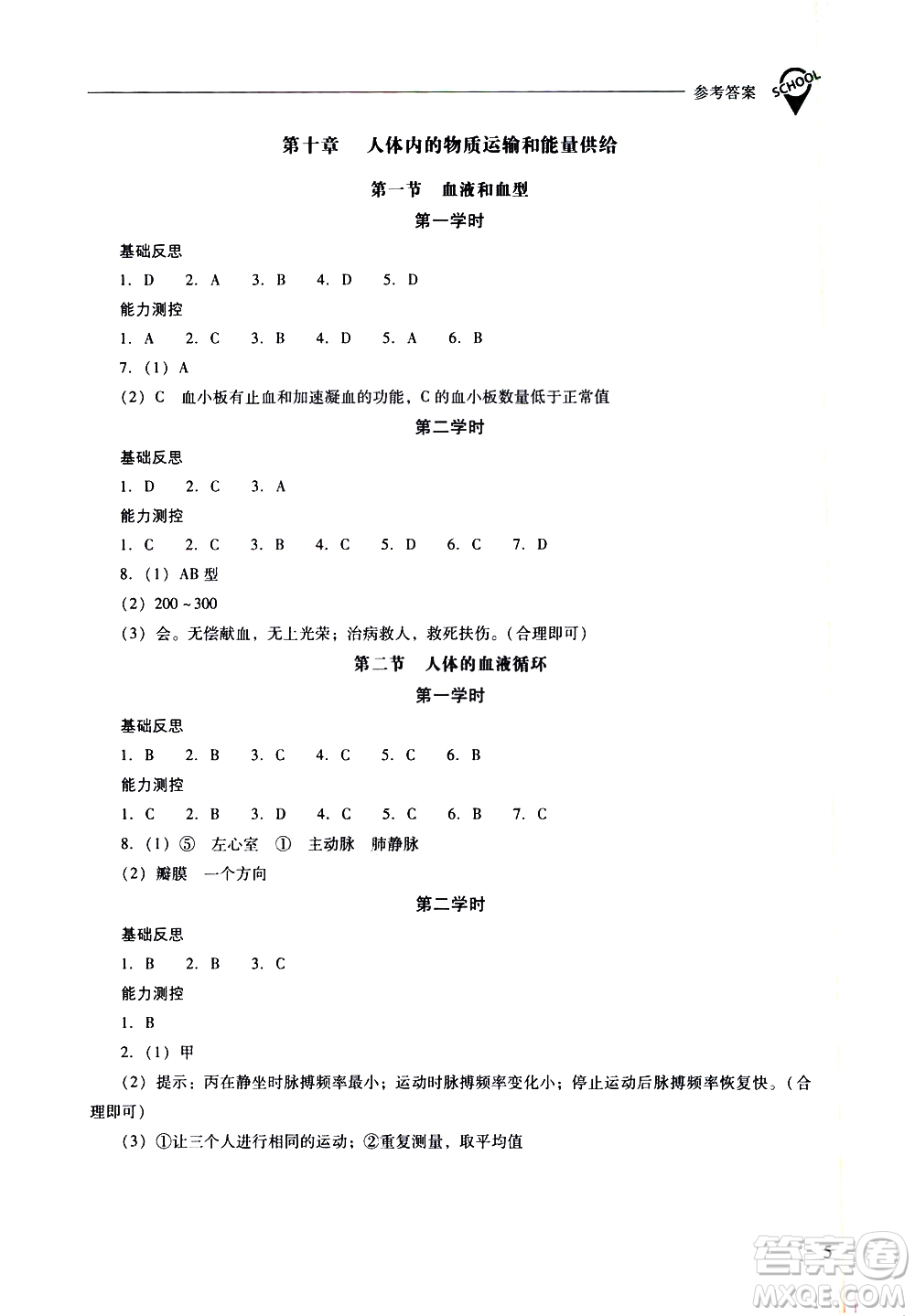 山西教育出版社2021新課程問題解決導學方案生物學七年級下冊鳳凰版答案