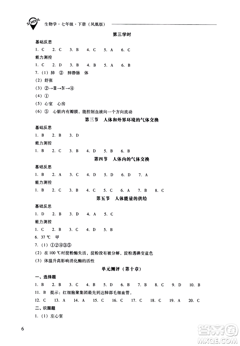 山西教育出版社2021新課程問題解決導學方案生物學七年級下冊鳳凰版答案