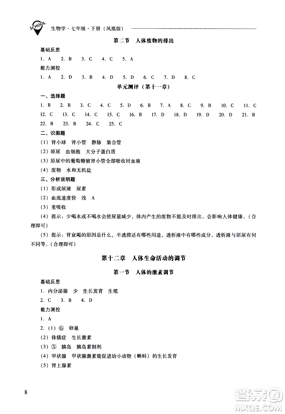 山西教育出版社2021新課程問題解決導學方案生物學七年級下冊鳳凰版答案