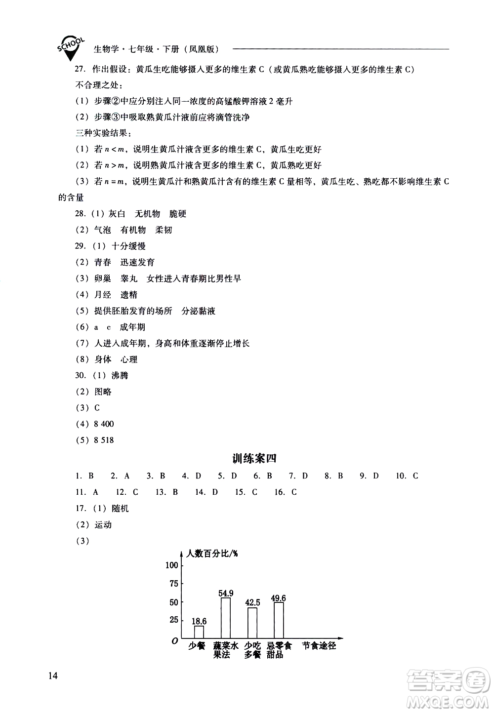 山西教育出版社2021新課程問題解決導學方案生物學七年級下冊鳳凰版答案