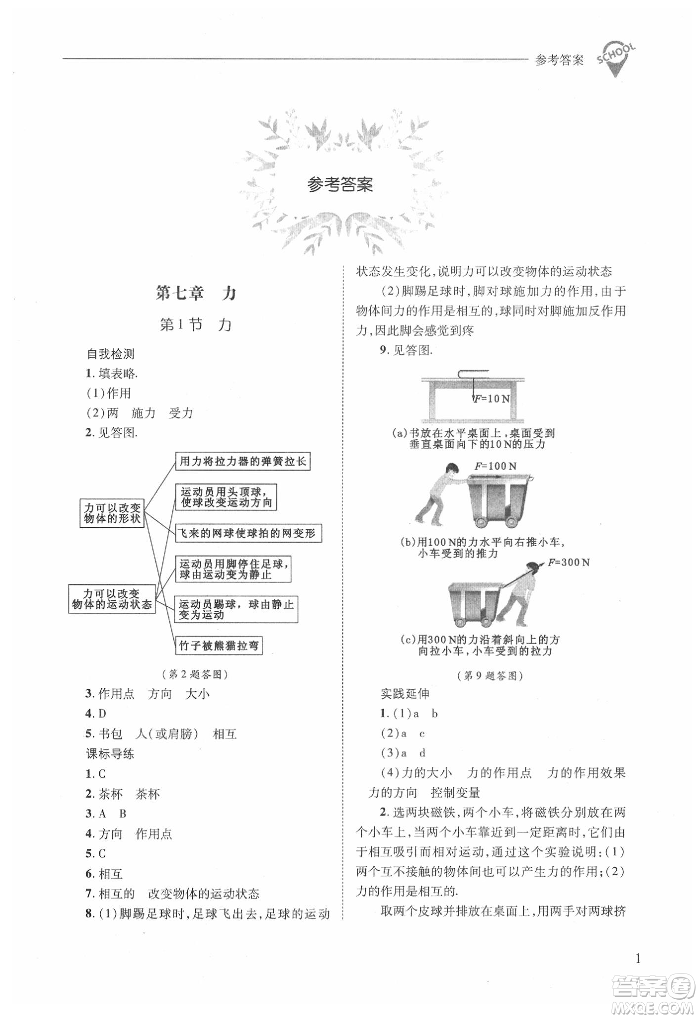 山西教育出版社2021新課程問題解決導學方案物理八年級下冊人教版答案