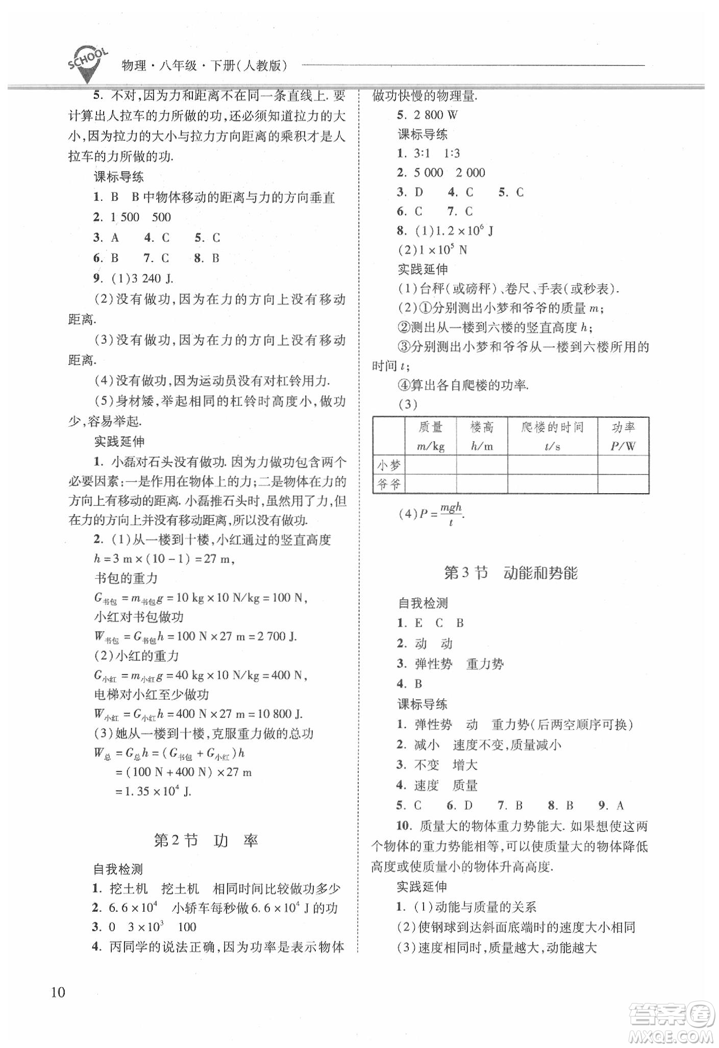 山西教育出版社2021新課程問題解決導學方案物理八年級下冊人教版答案