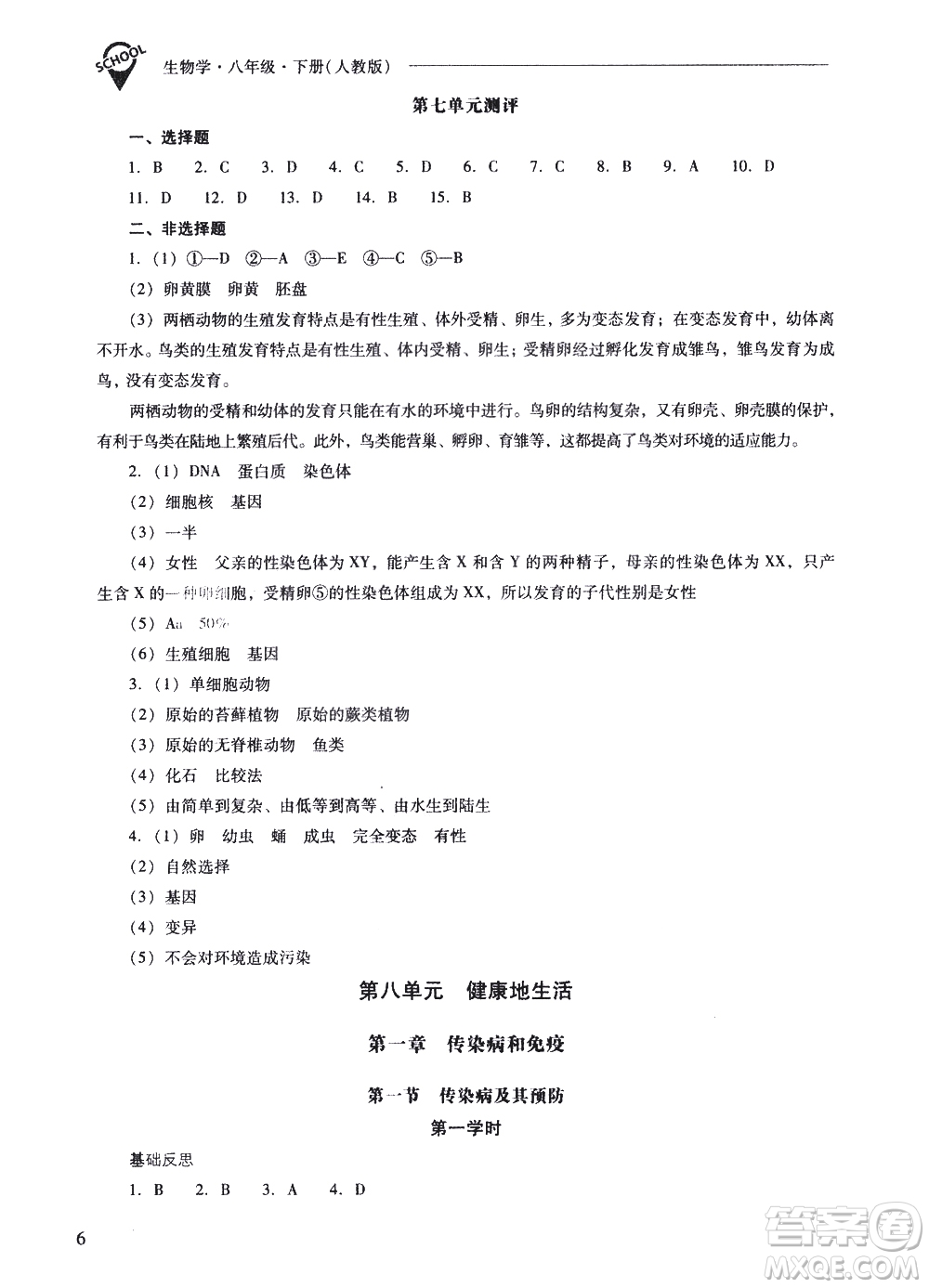 山西教育出版社2021新課程問題解決導學方案生物學八年級下冊人教版答案