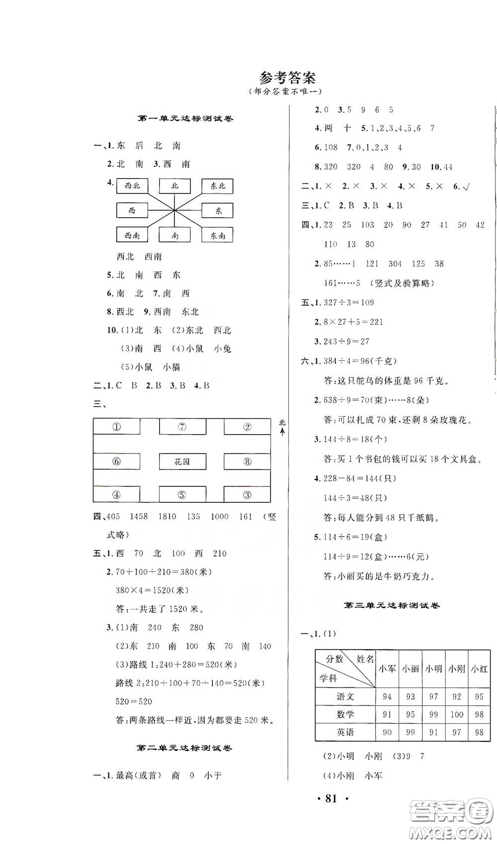 2021期末提分卷三年級(jí)數(shù)學(xué)下冊(cè)答案