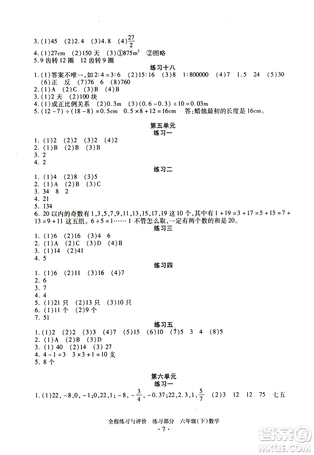 浙江人民出版社2021全程練習(xí)與評價(jià)練習(xí)六年級下冊數(shù)學(xué)R人教版答案