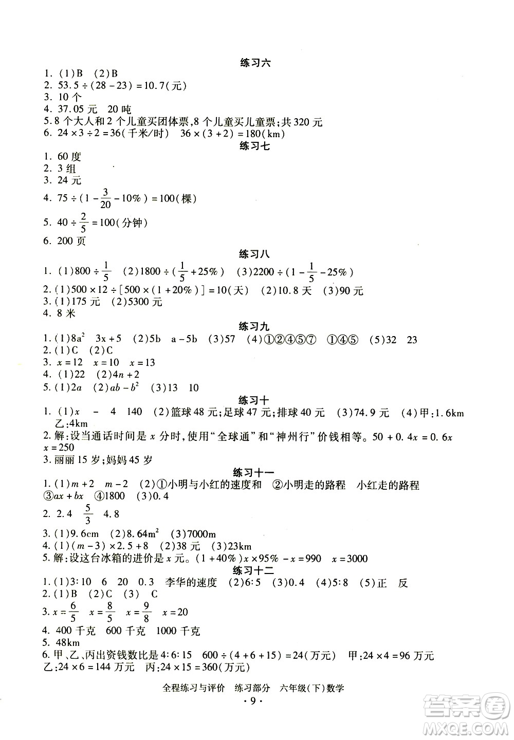 浙江人民出版社2021全程練習(xí)與評價(jià)練習(xí)六年級下冊數(shù)學(xué)R人教版答案