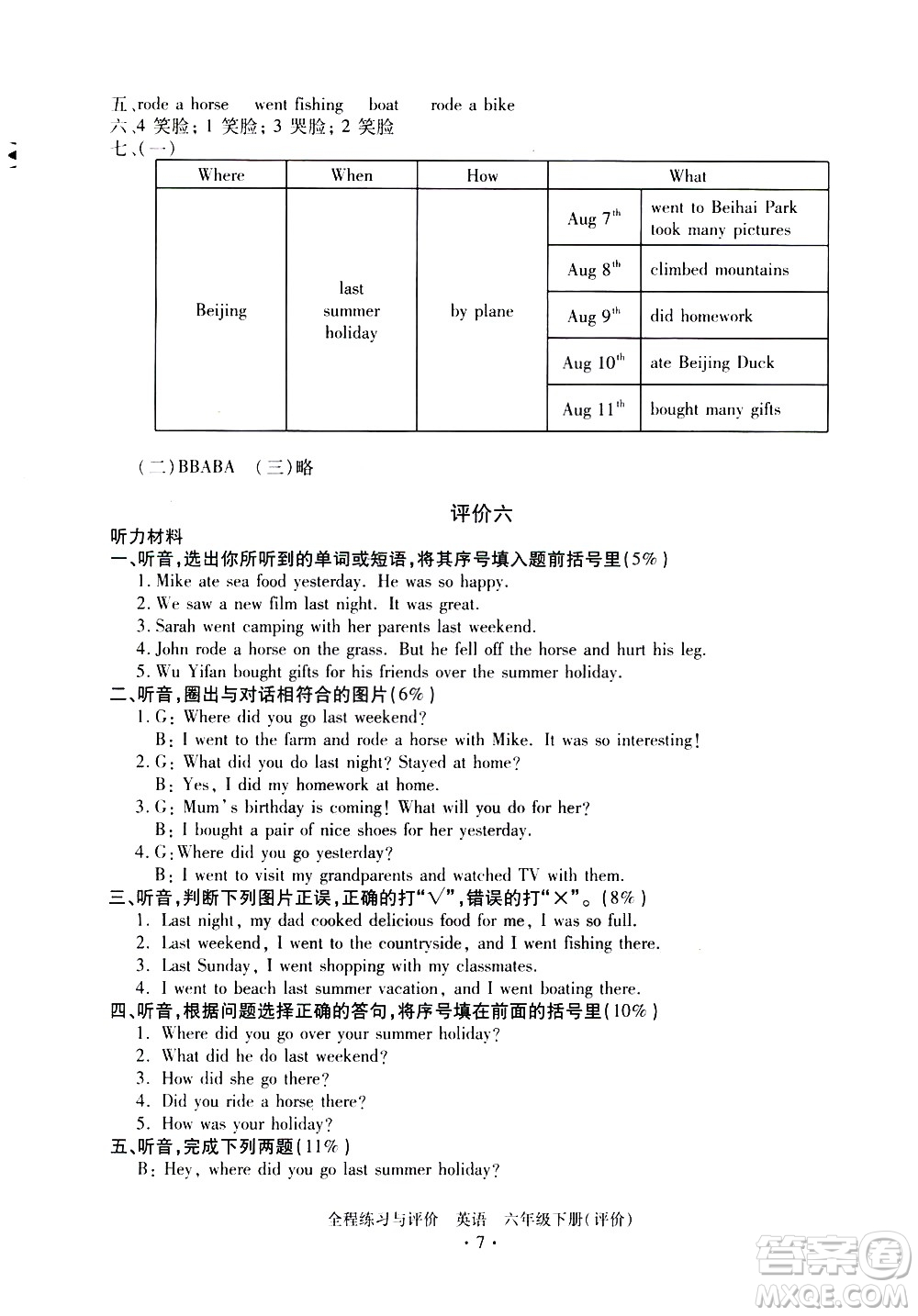 浙江人民出版社2021全程練習與評價評價六年級下冊英語R人教版答案