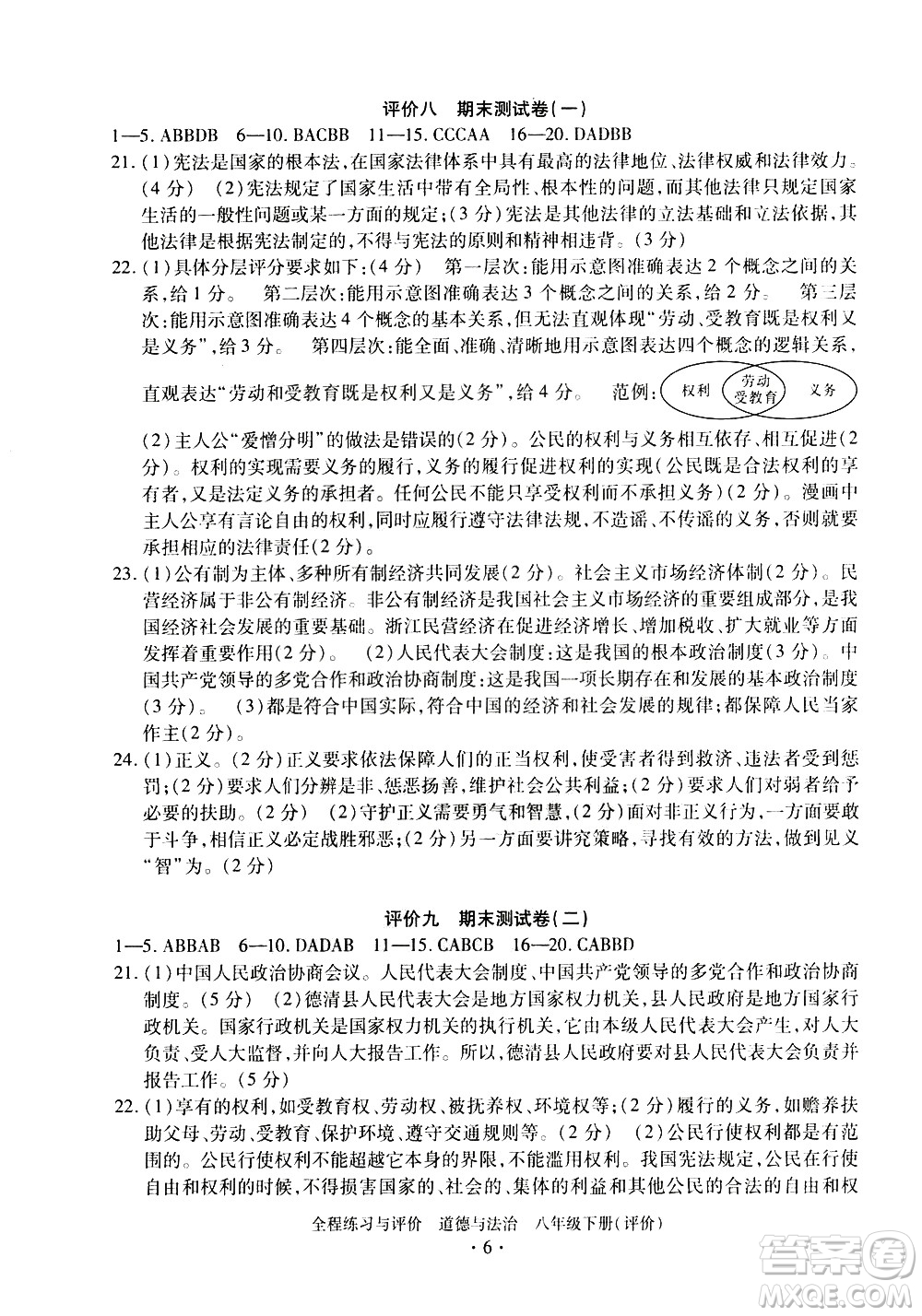 浙江人民出版社2021全程練習(xí)與評價評價八年級下冊道德與法治R人教版答案