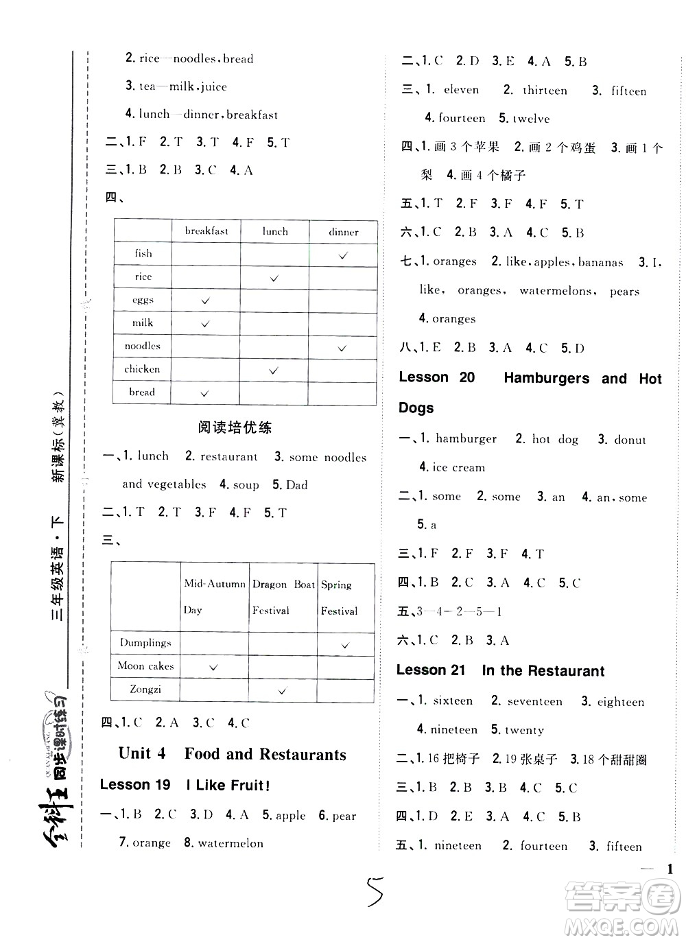 吉林人民出版社2021全科王同步課時(shí)練習(xí)英語三年級(jí)下冊(cè)新課標(biāo)冀教版答案