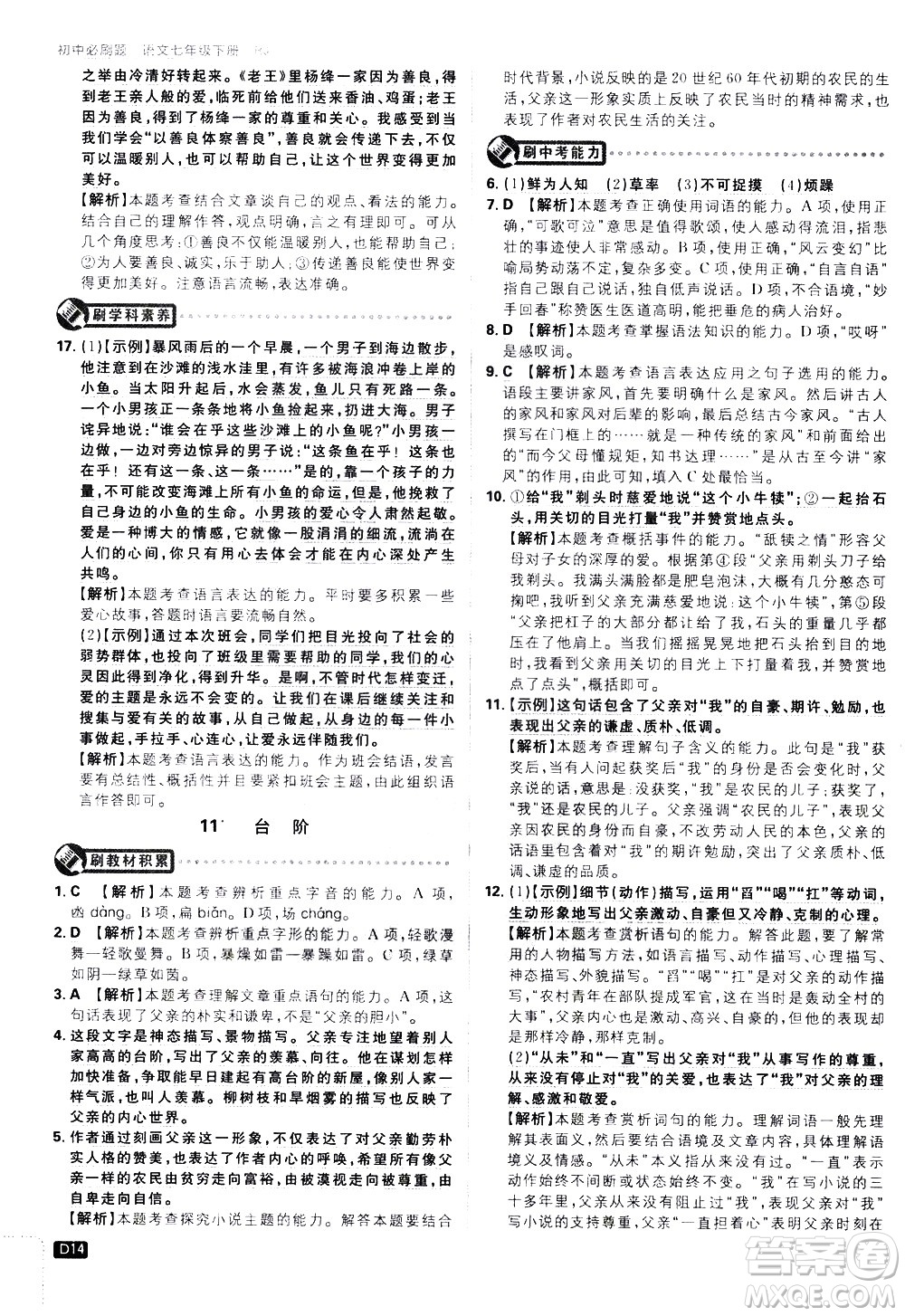 開明出版社2021版初中必刷題語文七年級下冊RJ人教版答案