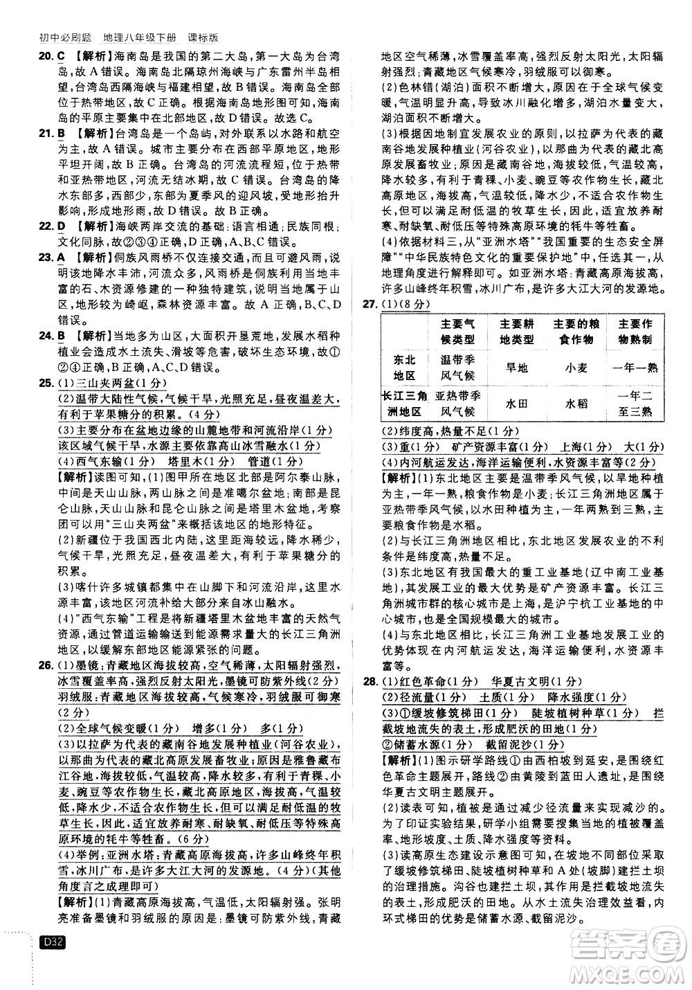 開(kāi)明出版社2021版初中必刷題地理八年級(jí)下冊(cè)課標(biāo)版湘教版答案