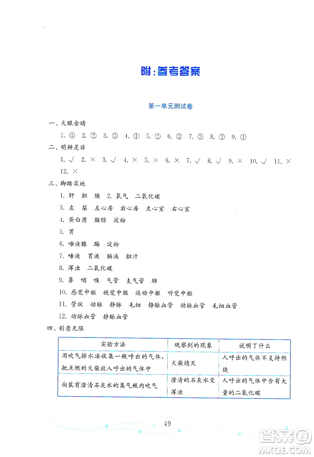 山東教育出版社2021年小學(xué)科學(xué)金鑰匙試卷五年級(jí)下冊(cè)青島版答案