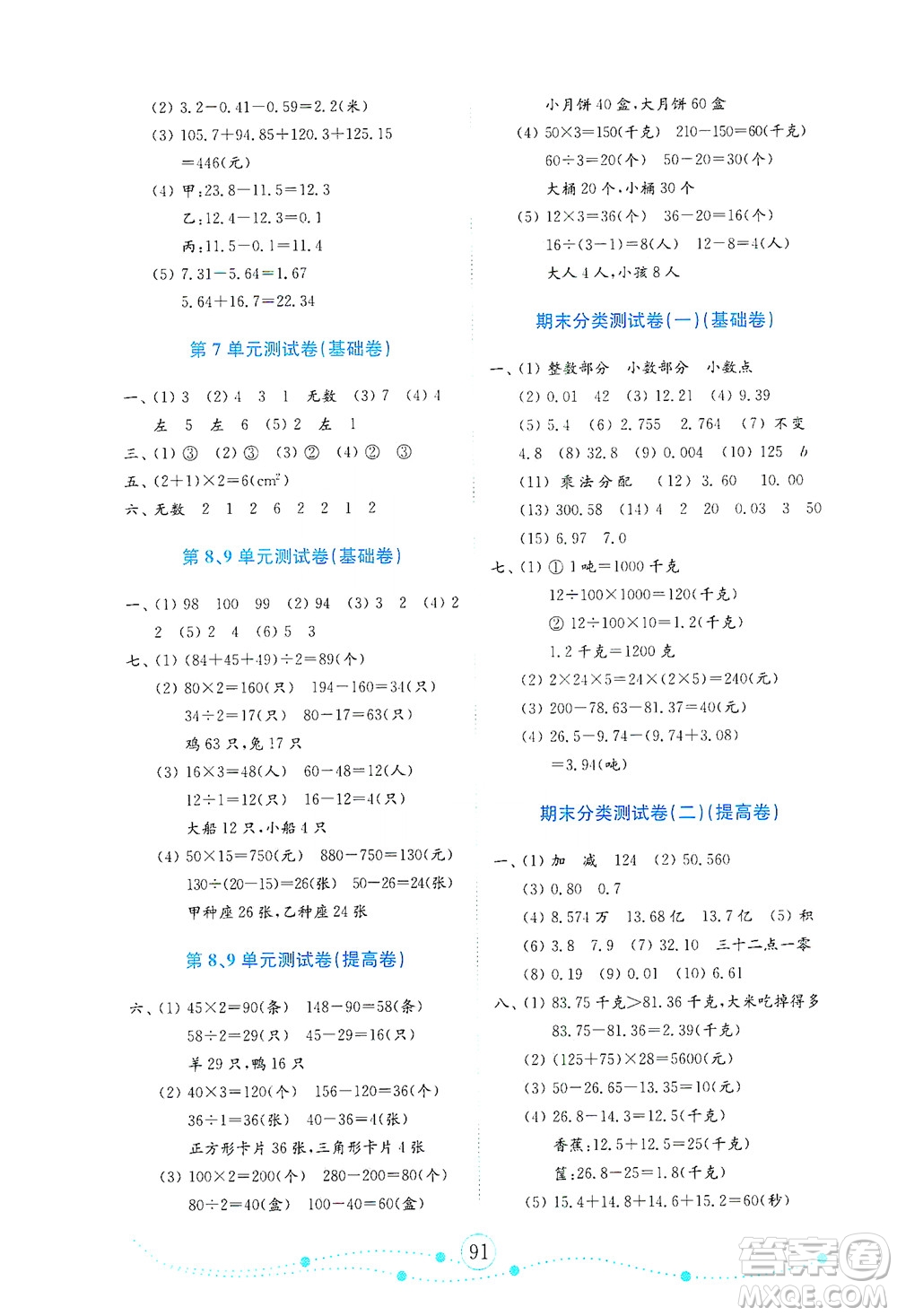 山東教育出版社2021年小學數(shù)學金鑰匙試卷四年級下冊金版人教版答案