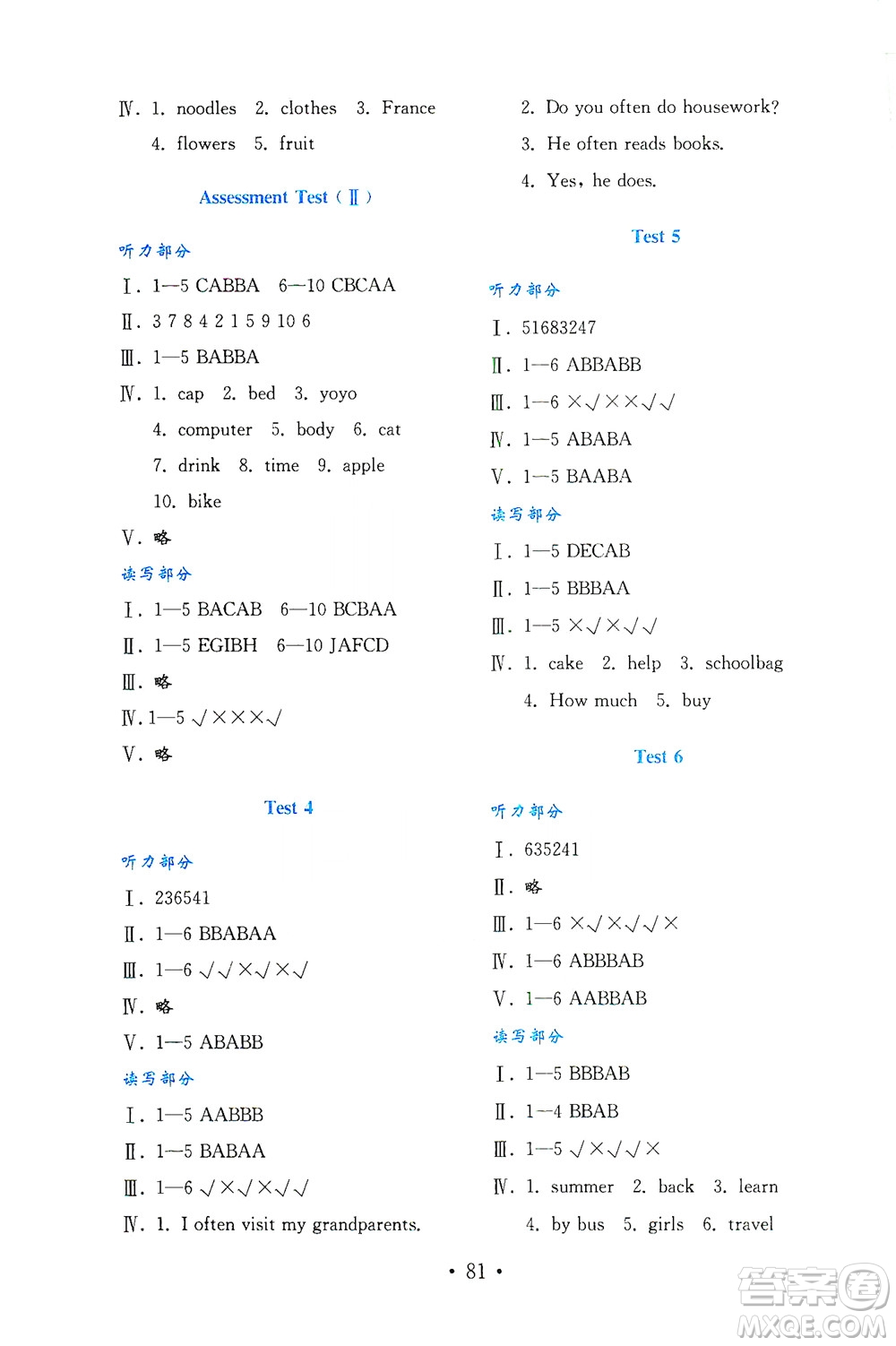 山東教育出版社2021年小學(xué)英語金鑰匙試卷四年級(jí)下冊(cè)金版魯科版答案