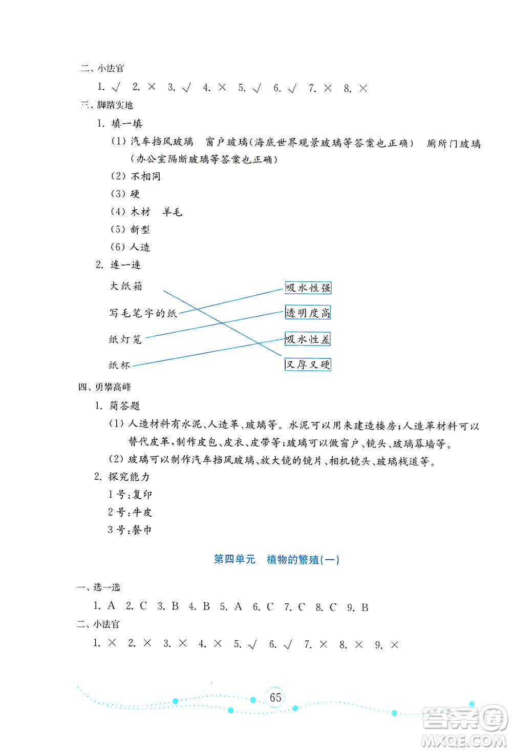 山東教育出版社2021年小學(xué)科學(xué)金鑰匙試卷四年級(jí)下冊(cè)金版青島版答案