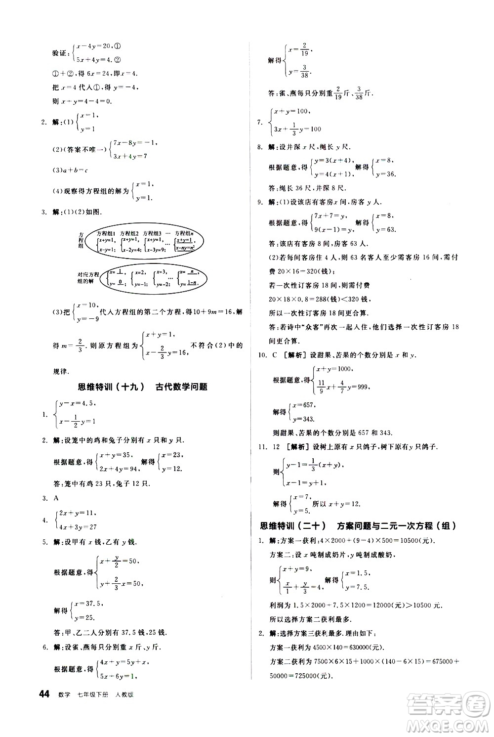 陽(yáng)光出版社2021練就優(yōu)等生數(shù)學(xué)思維特訓(xùn)七年級(jí)下冊(cè)新課標(biāo)RJ人教版答案