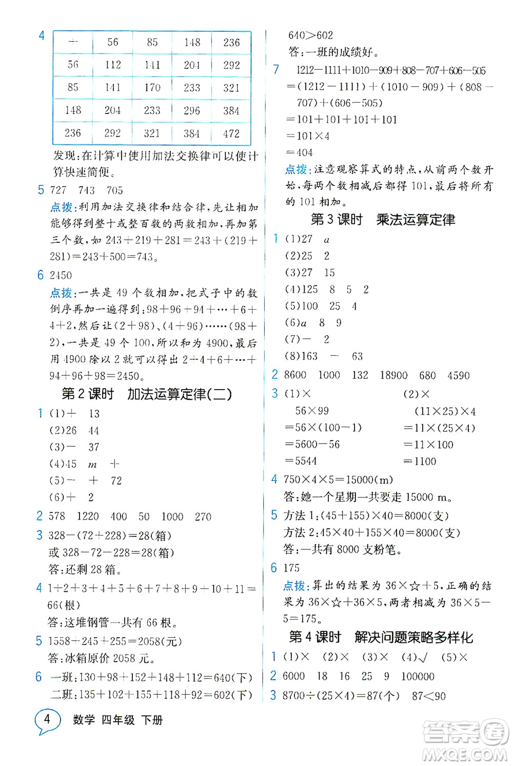 人民教育出版社2021教材解讀數(shù)學(xué)四年級(jí)下冊(cè)人教版答案