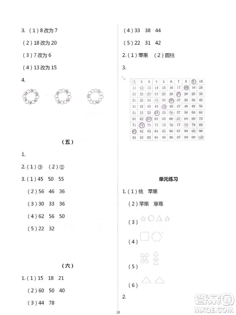 浙江教育出版社2021數(shù)學(xué)課堂作業(yè)本一年級(jí)下冊(cè)人教版參考答案