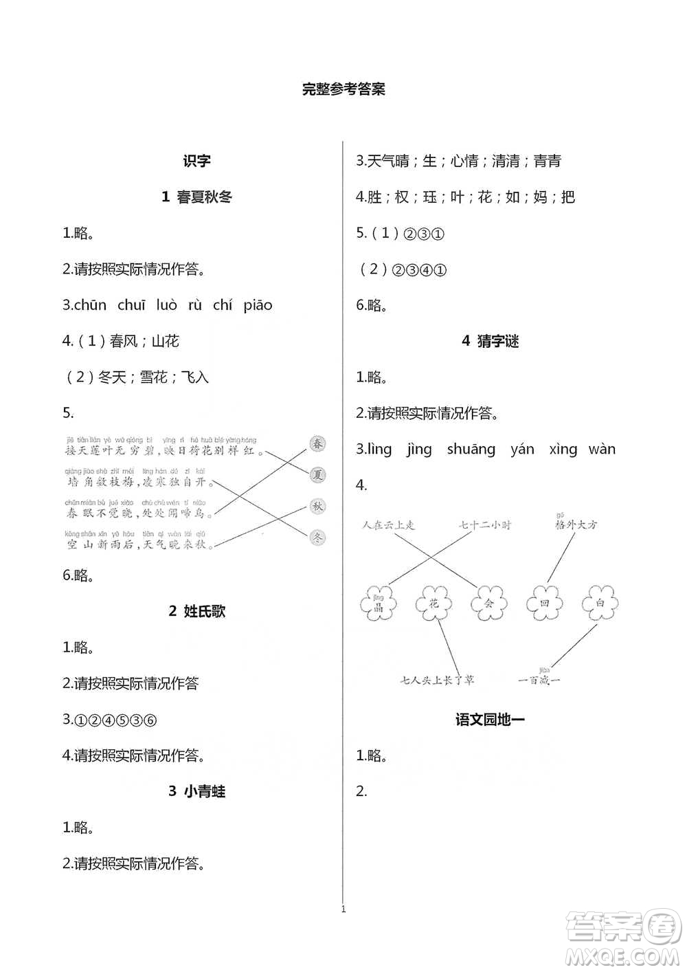 浙江教育出版社2021語文課堂作業(yè)本一年級(jí)下冊(cè)人教版參考答案