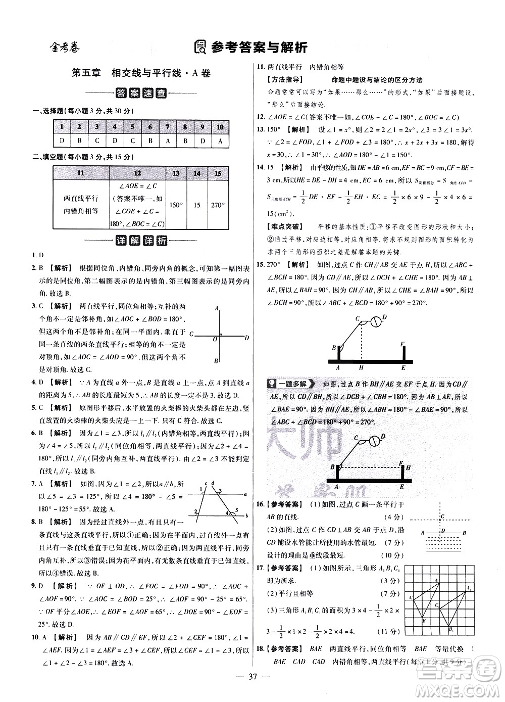 延邊教育出版社2021版金考卷活頁題選名師名題單元雙測(cè)卷數(shù)學(xué)七年級(jí)下冊(cè)RJ人教版答案