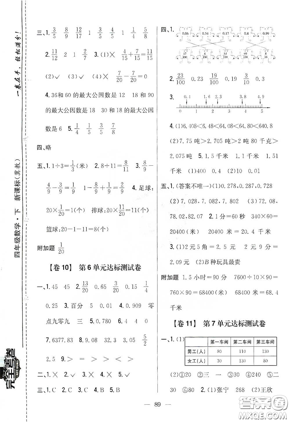 吉林人民出版社2021小學(xué)教材完全考卷四年級(jí)數(shù)學(xué)下冊(cè)新課標(biāo)冀教版答案