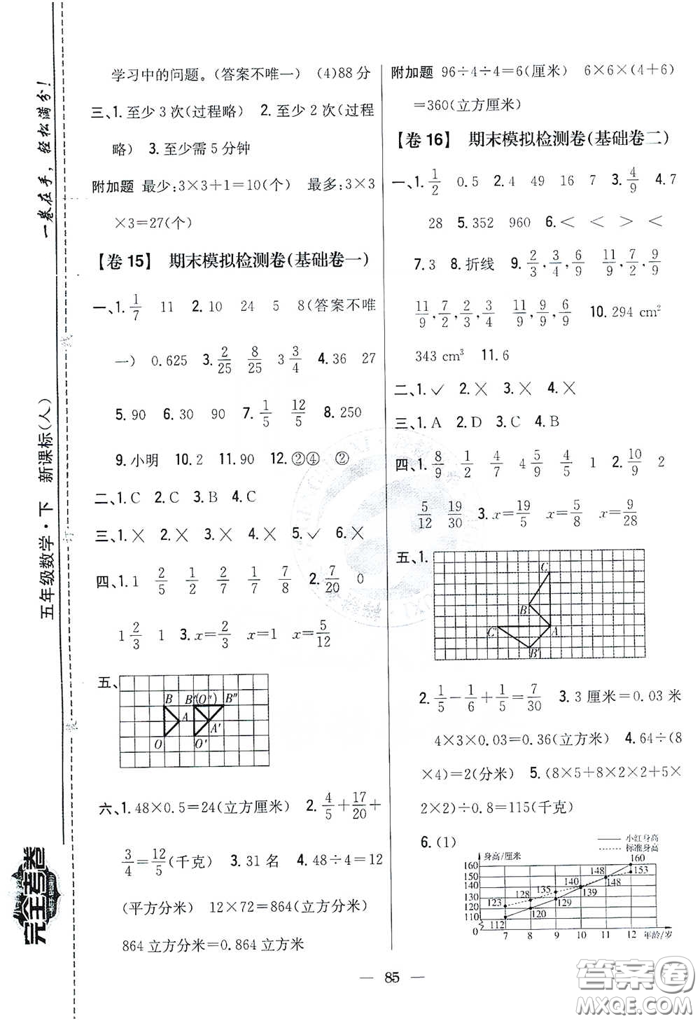 吉林人民出版社2021小學(xué)教材完全考卷五年級數(shù)學(xué)下冊新課標人教版答案