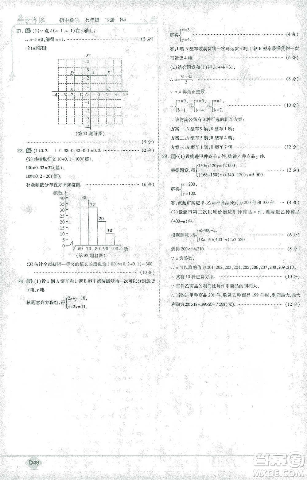 開明出版社2021少年班初中數(shù)學(xué)七年級下冊人教版參考答案