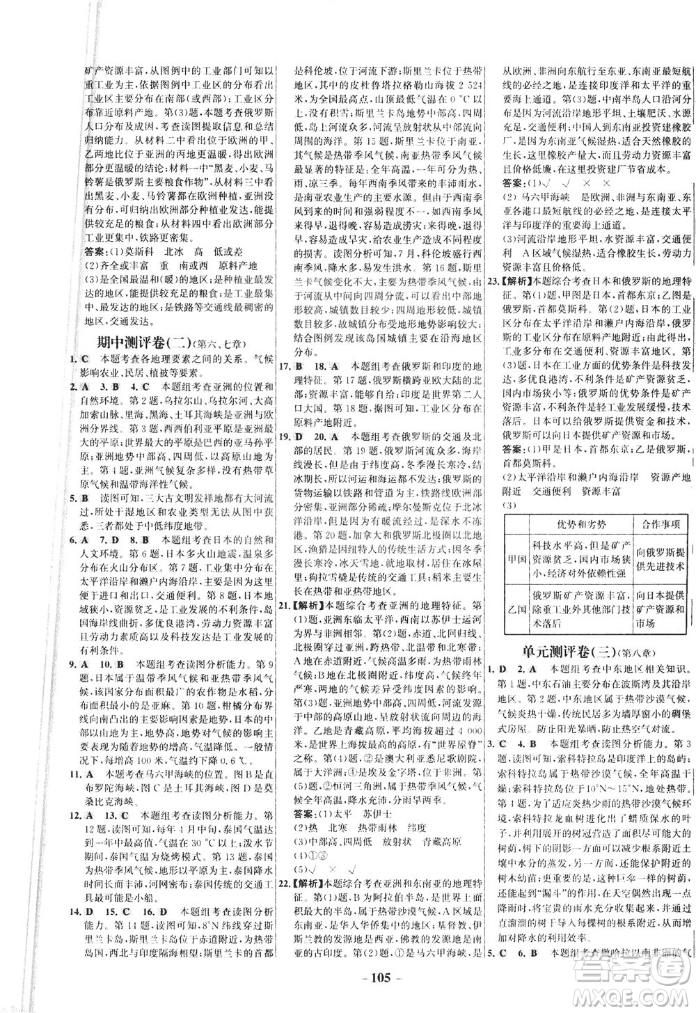 安徽師范大學出版社2021世紀金榜百練百勝地理七年級下冊人教版答案