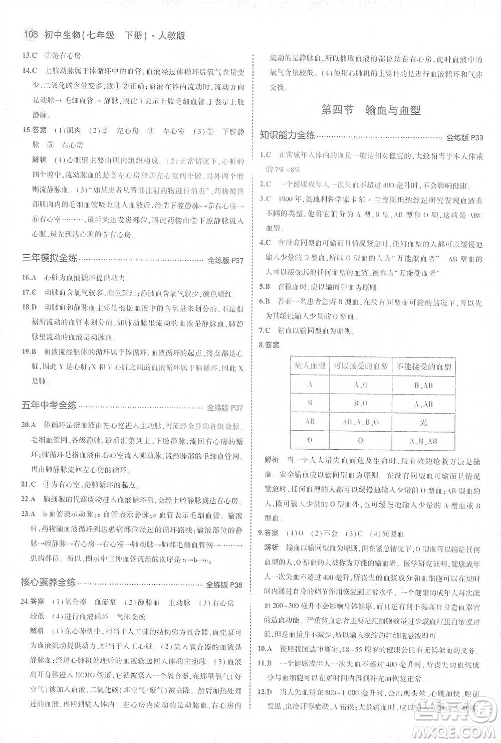 首都師范大學(xué)出版社2021年5年中考3年模擬生物七年級(jí)下冊(cè)人教版參考答案