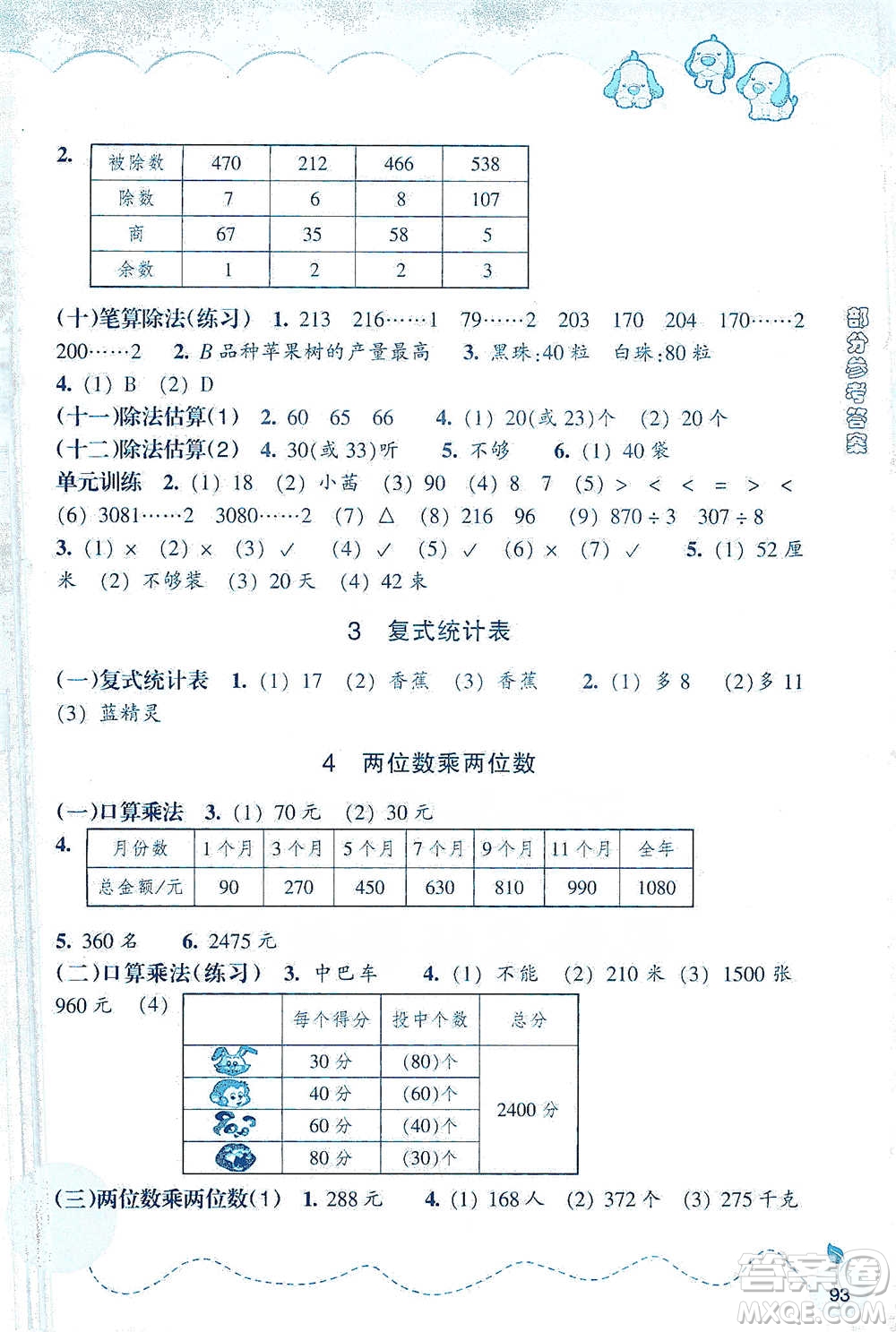 浙江教育出版社2021小學(xué)數(shù)學(xué)課時特訓(xùn)三年級下冊人教版參考答案