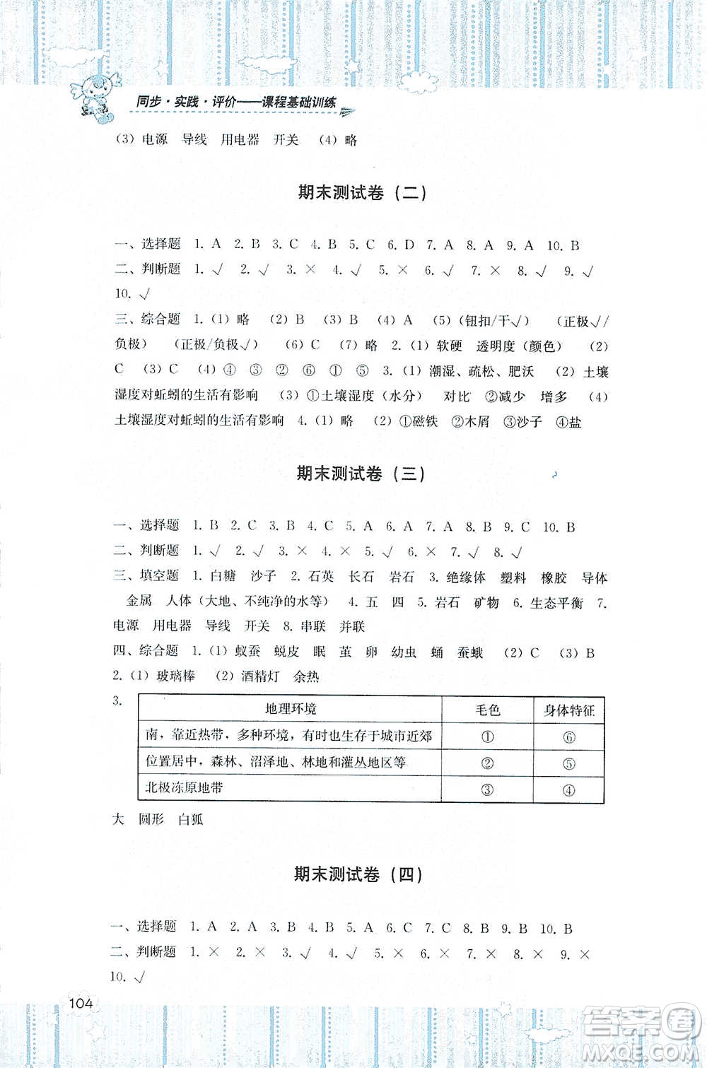 湖南少年兒童出版社2021基礎(chǔ)訓(xùn)練科學(xué)四年級下冊湘科版參考答案