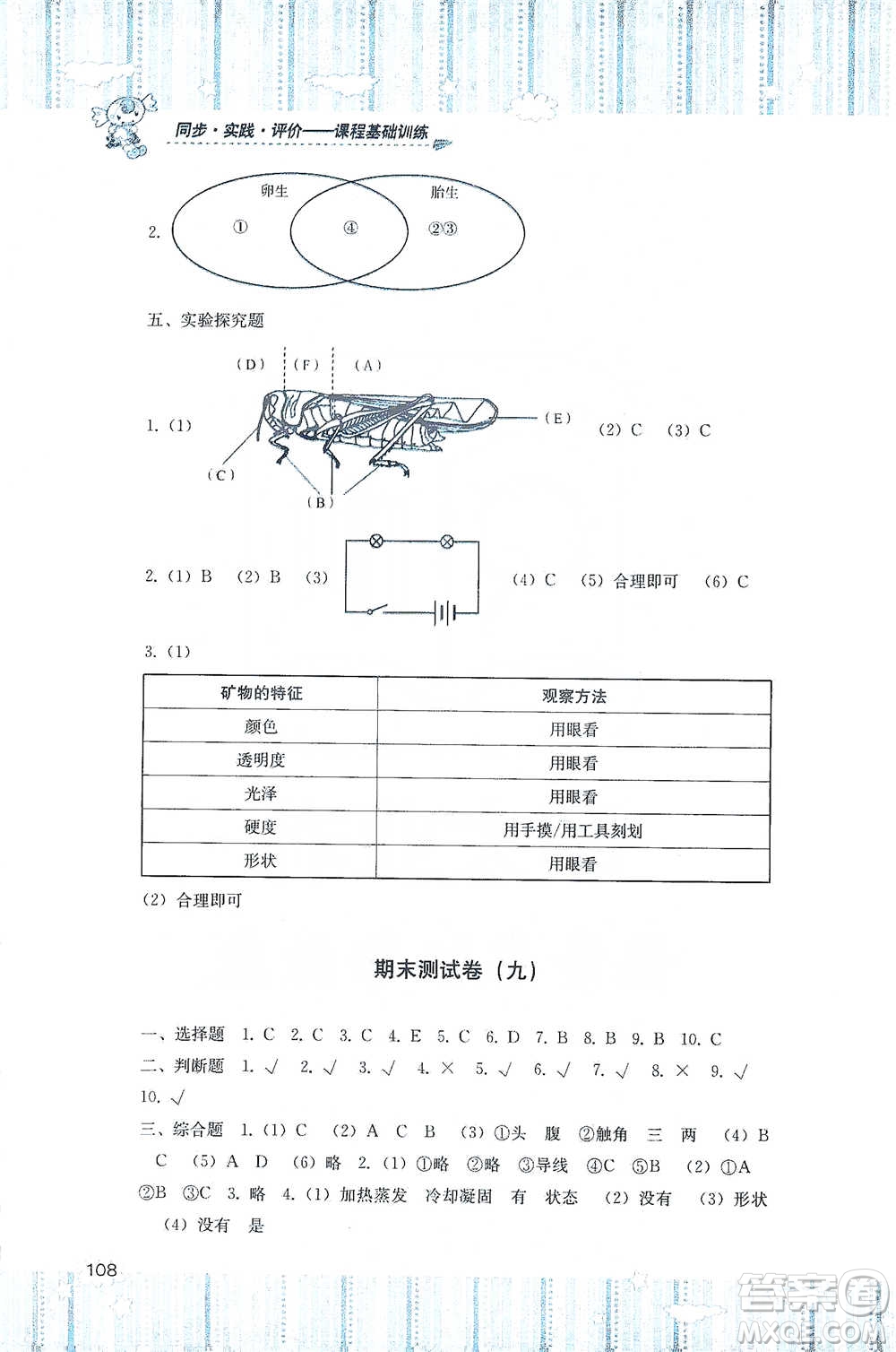 湖南少年兒童出版社2021基礎(chǔ)訓(xùn)練科學(xué)四年級下冊湘科版參考答案