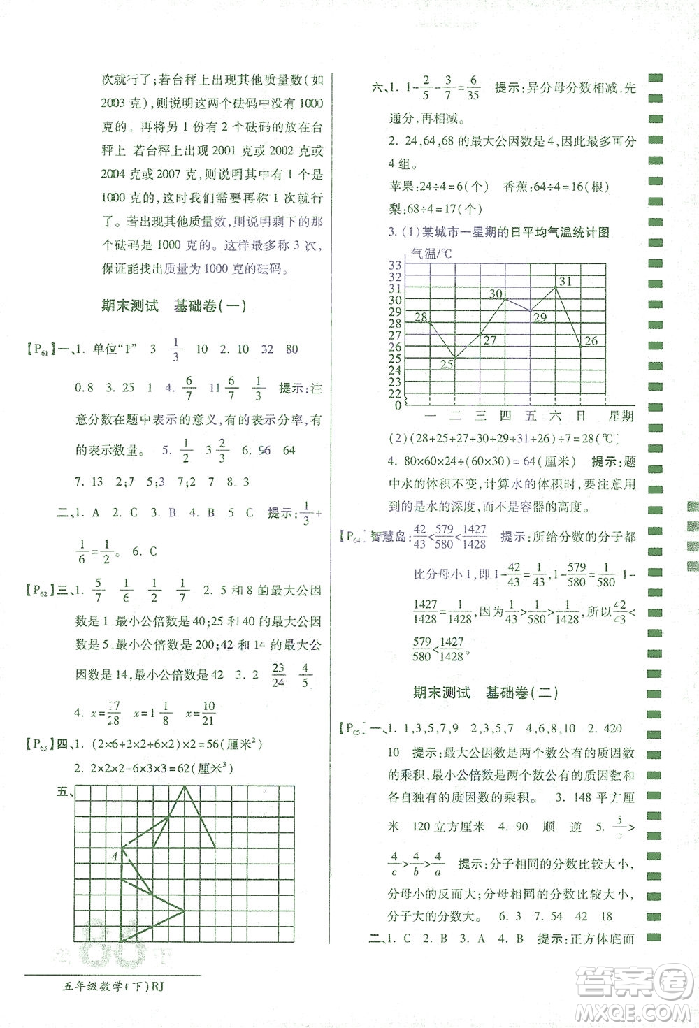 開(kāi)明出版社2021最新AB卷小學(xué)五年級(jí)數(shù)學(xué)下RJ人教版答案