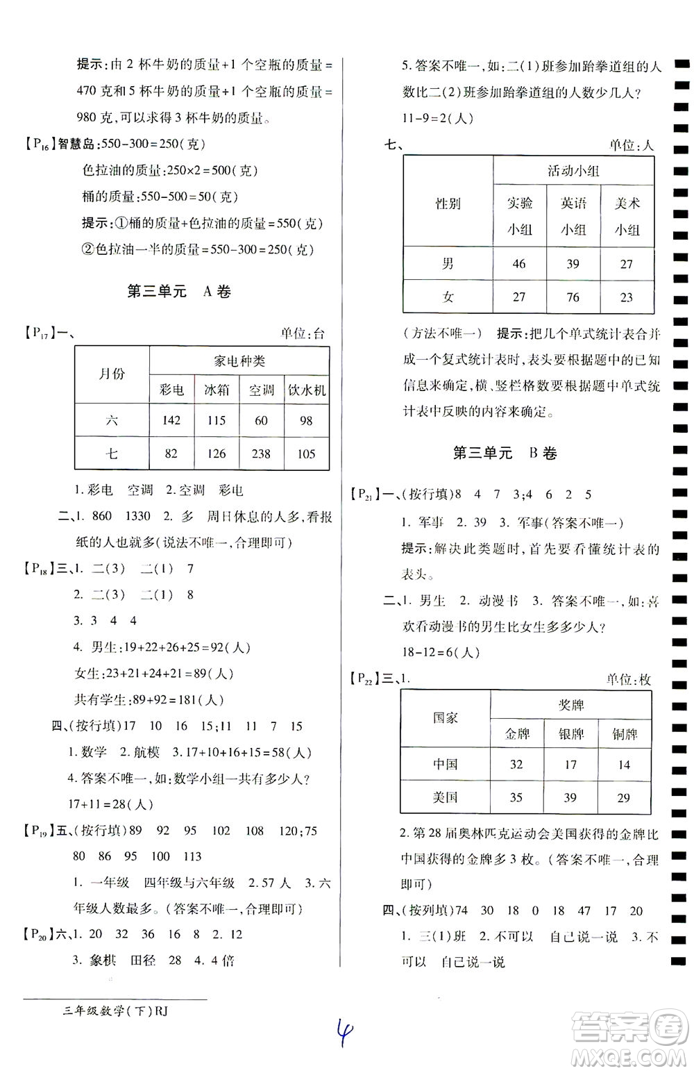 開明出版社2021最新AB卷小學(xué)三年級數(shù)學(xué)下RJ人教版答案