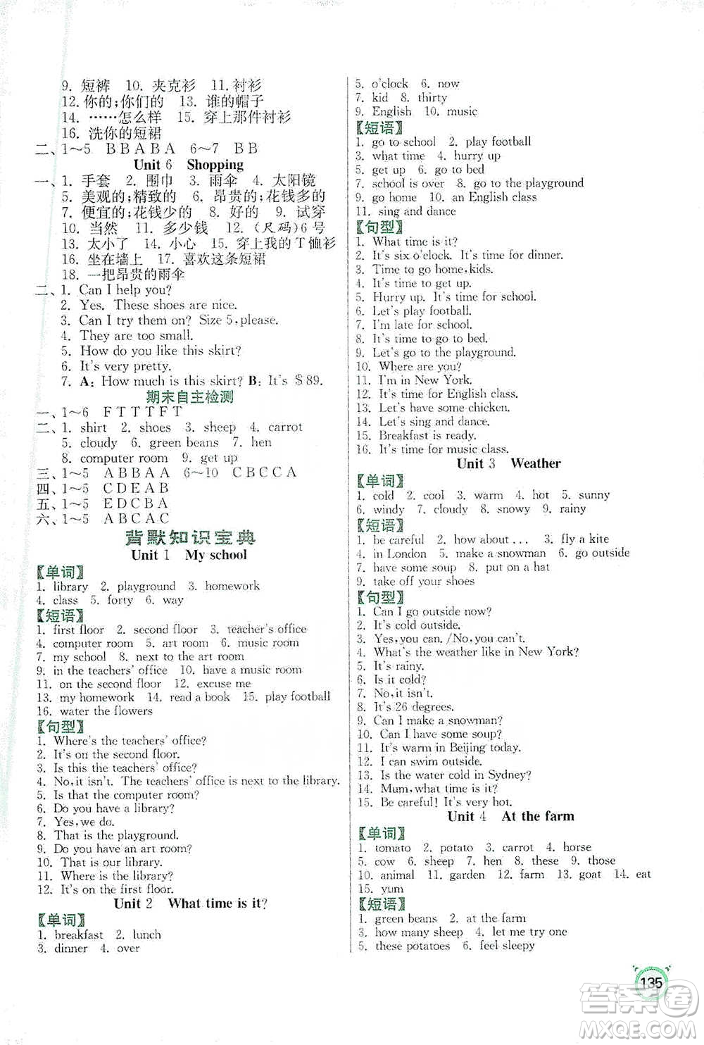 江蘇人民出版社2021小學(xué)英語(yǔ)默寫(xiě)高手四年級(jí)下冊(cè)人教PEP版參考答案