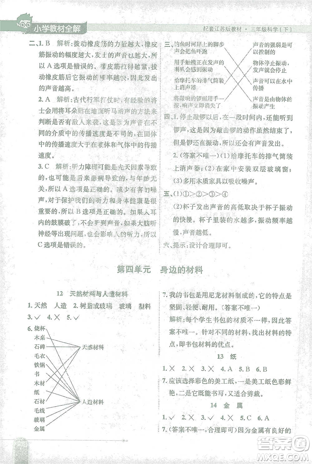 陜西人民教育出版社2021小學(xué)教材全解三年級(jí)下冊(cè)科學(xué)江蘇版參考答案