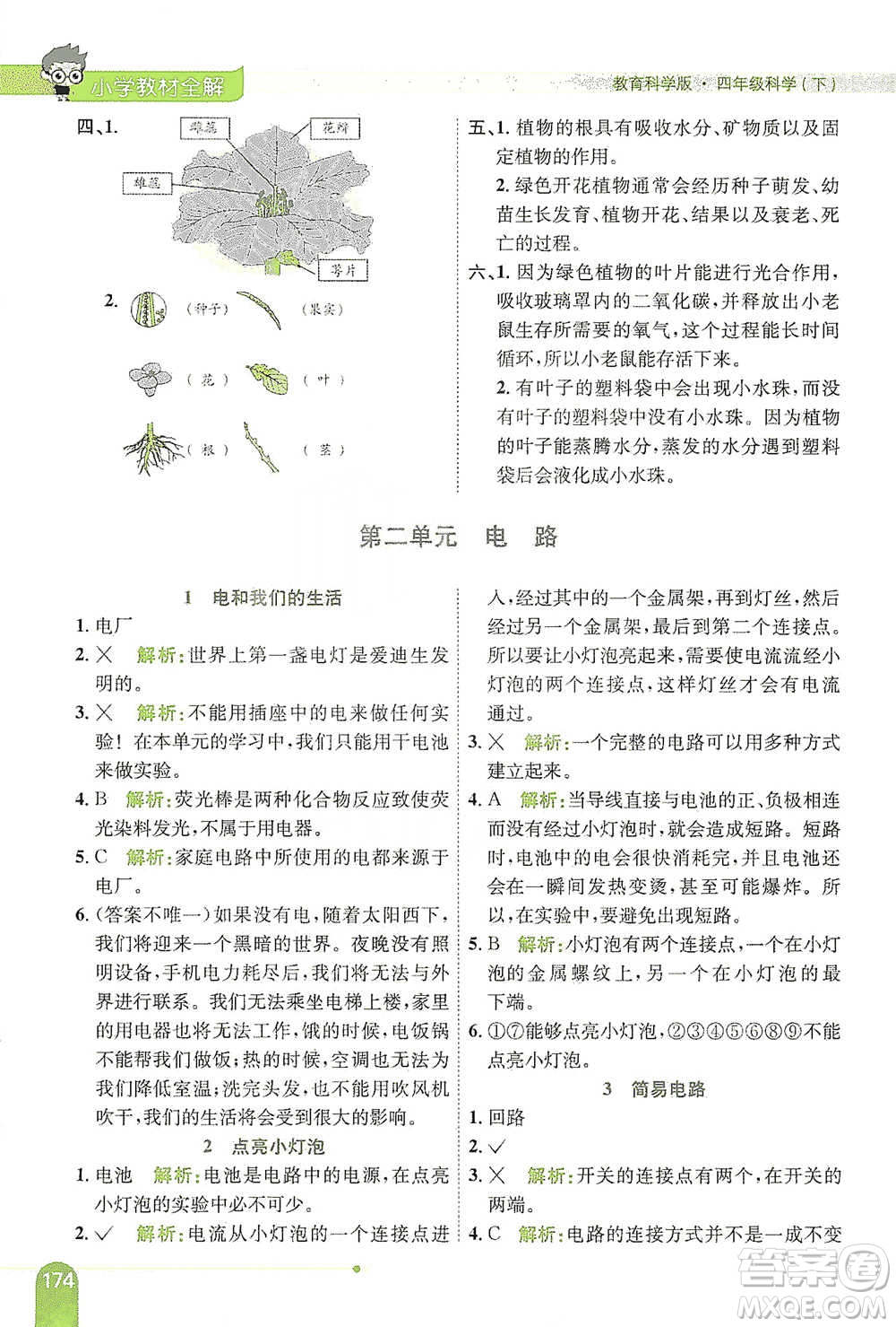 陜西人民教育出版社2021小學教材全解四年級下冊科學教育科學版參考答案