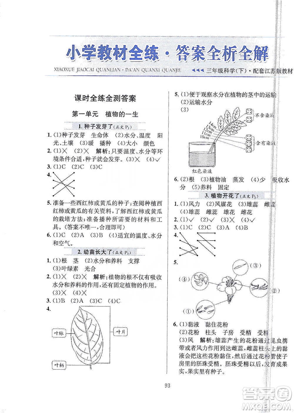 陜西人民教育出版社2021小學教材全練三年級下冊科學蘇教版參考答案