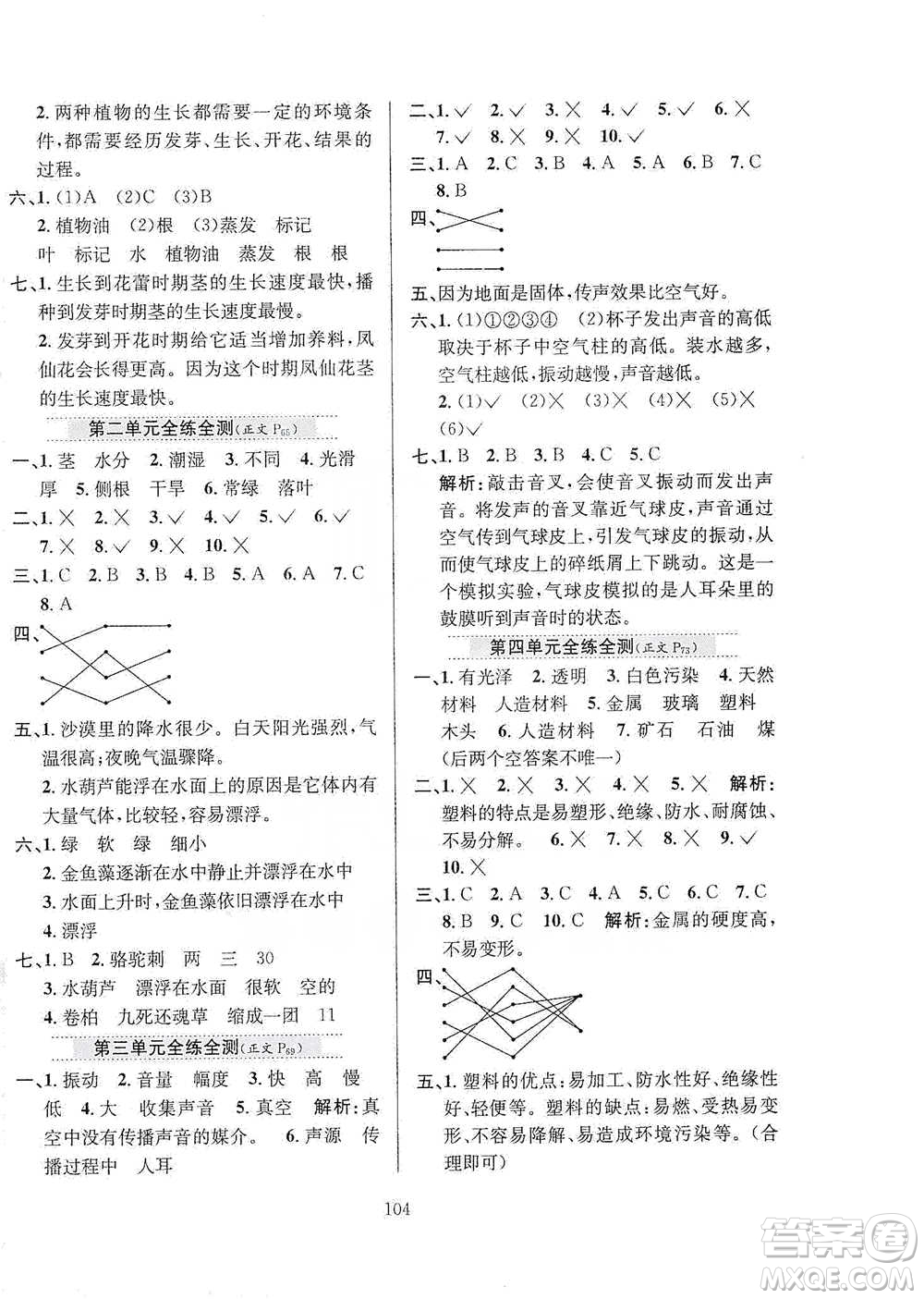 陜西人民教育出版社2021小學教材全練三年級下冊科學蘇教版參考答案