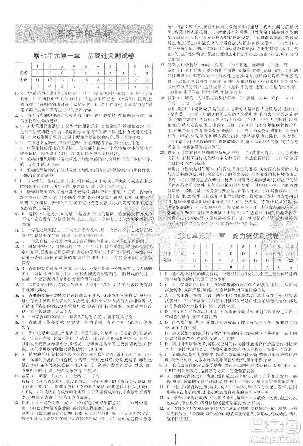 教育科學出版社2021年5年中考3年模擬初中試卷生物八年級下冊人教版參考答案