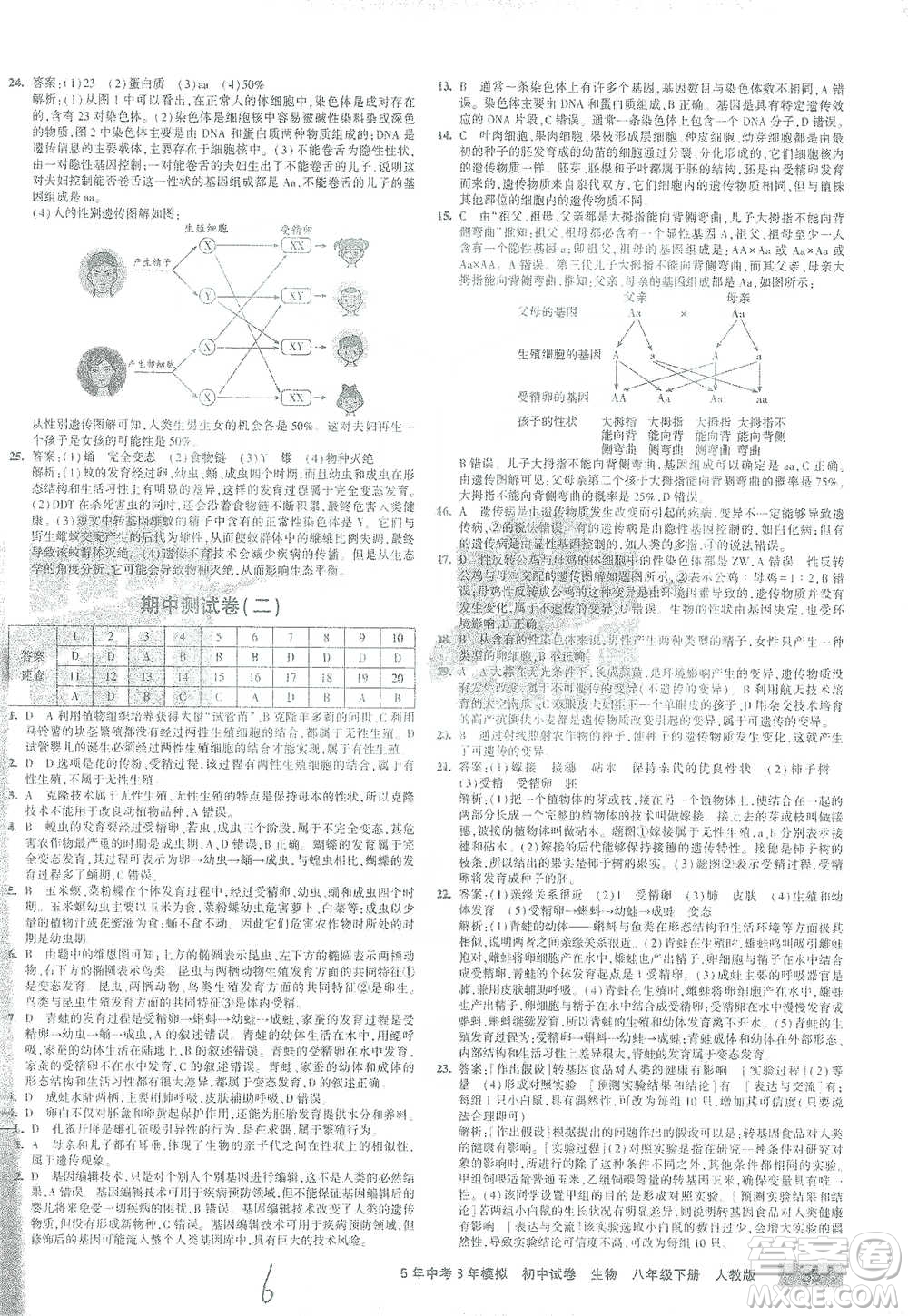 教育科學出版社2021年5年中考3年模擬初中試卷生物八年級下冊人教版參考答案